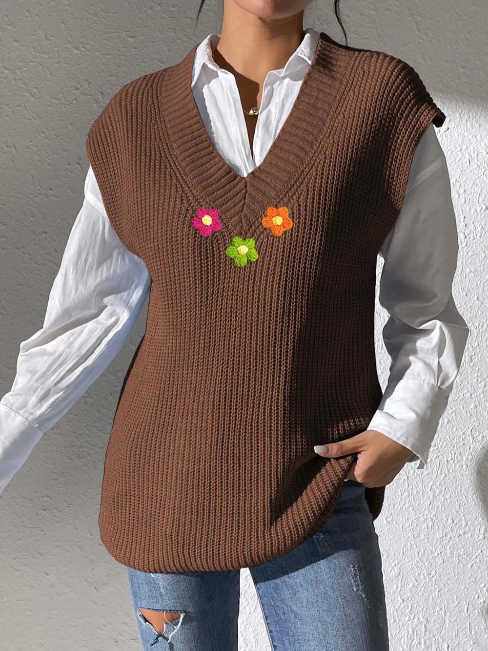 V-Neck Hand Hook Flower Splicing Sweater