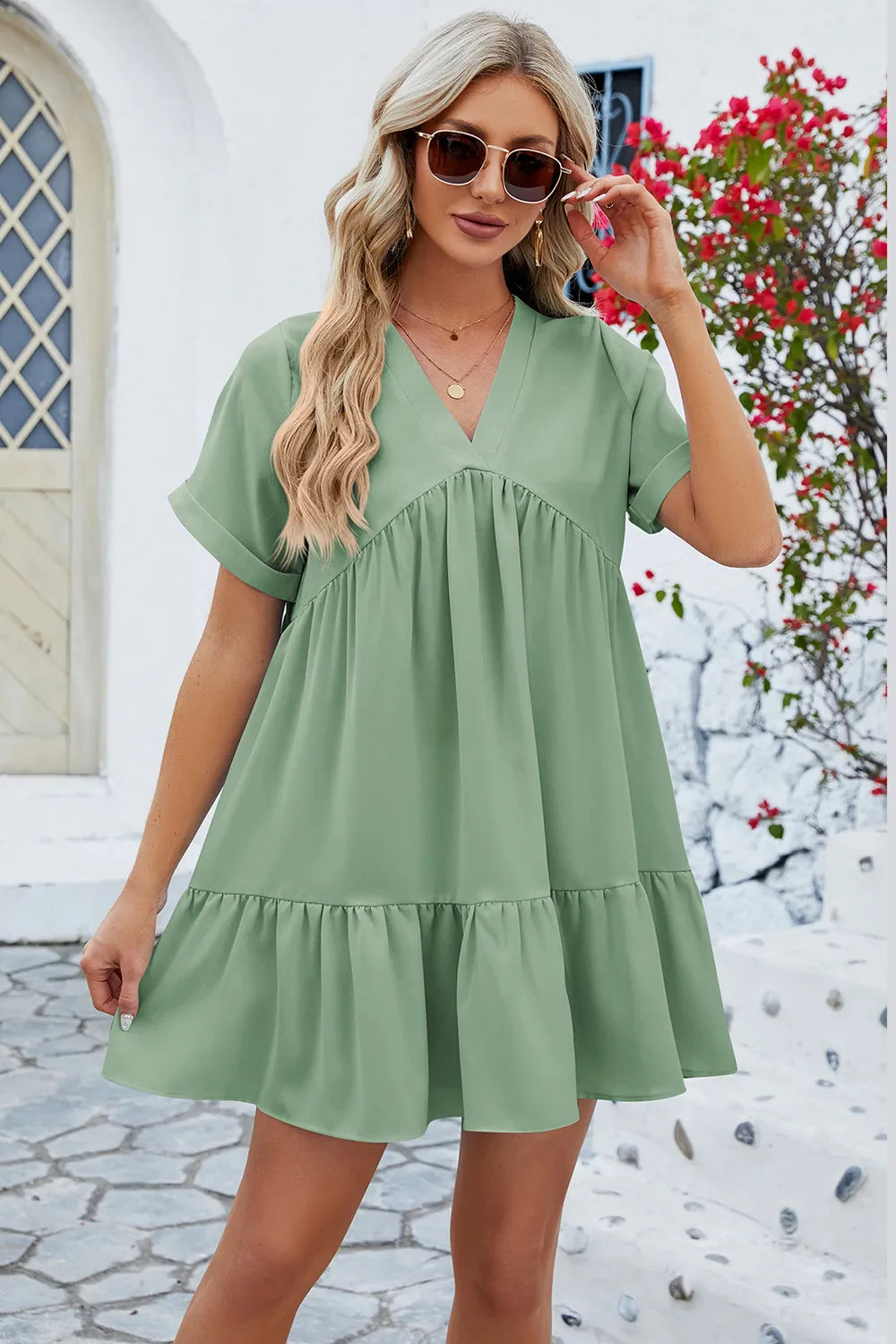 Spring and summer new solid color V-neck loose pleated dress for women - Korvel