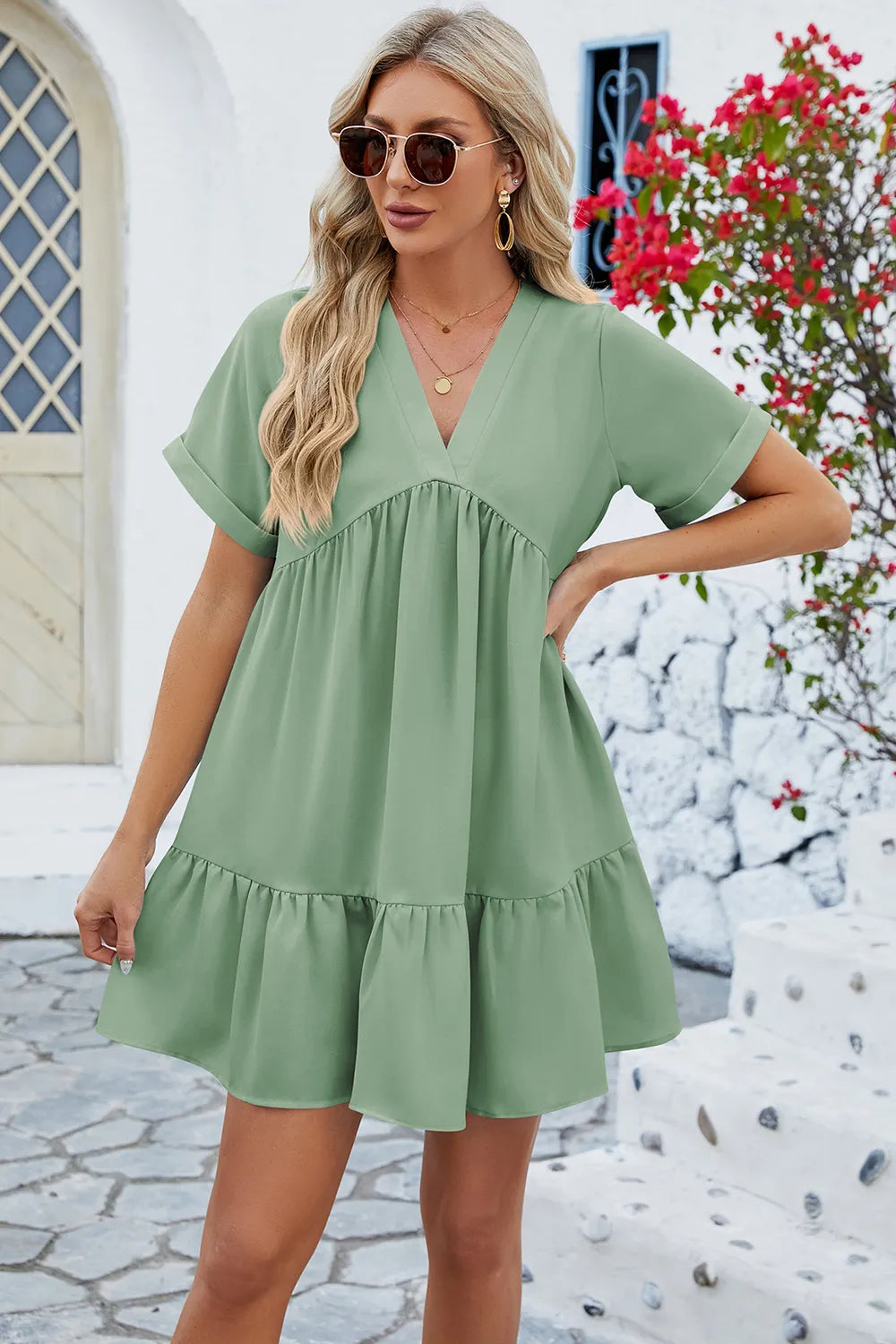Spring and summer new solid color V-neck loose pleated dress for women - Korvel
