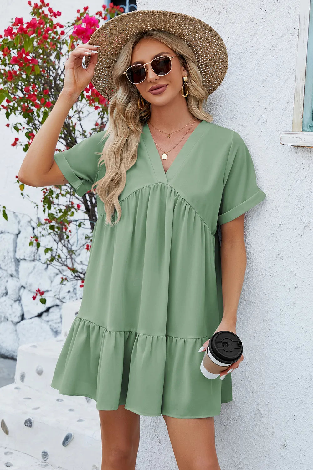 Spring and summer new solid color V-neck loose pleated dress for women - Korvel