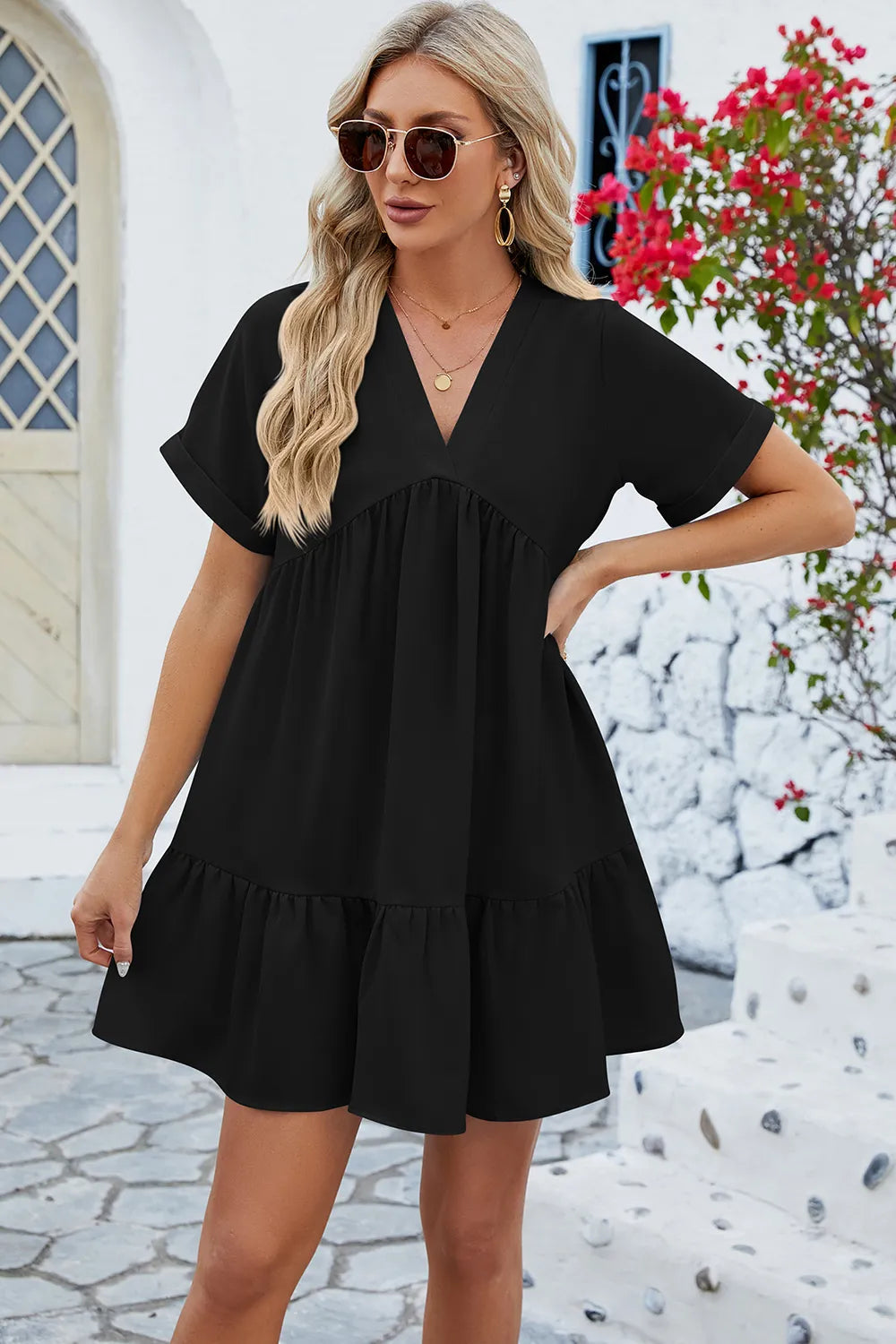 Spring and summer new solid color V-neck loose pleated dress for women - Korvel