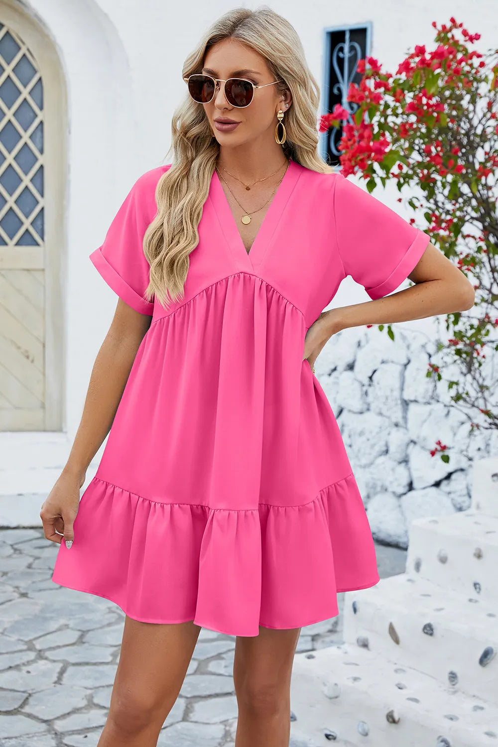 Spring and summer new solid color V-neck loose pleated dress for women - Korvel