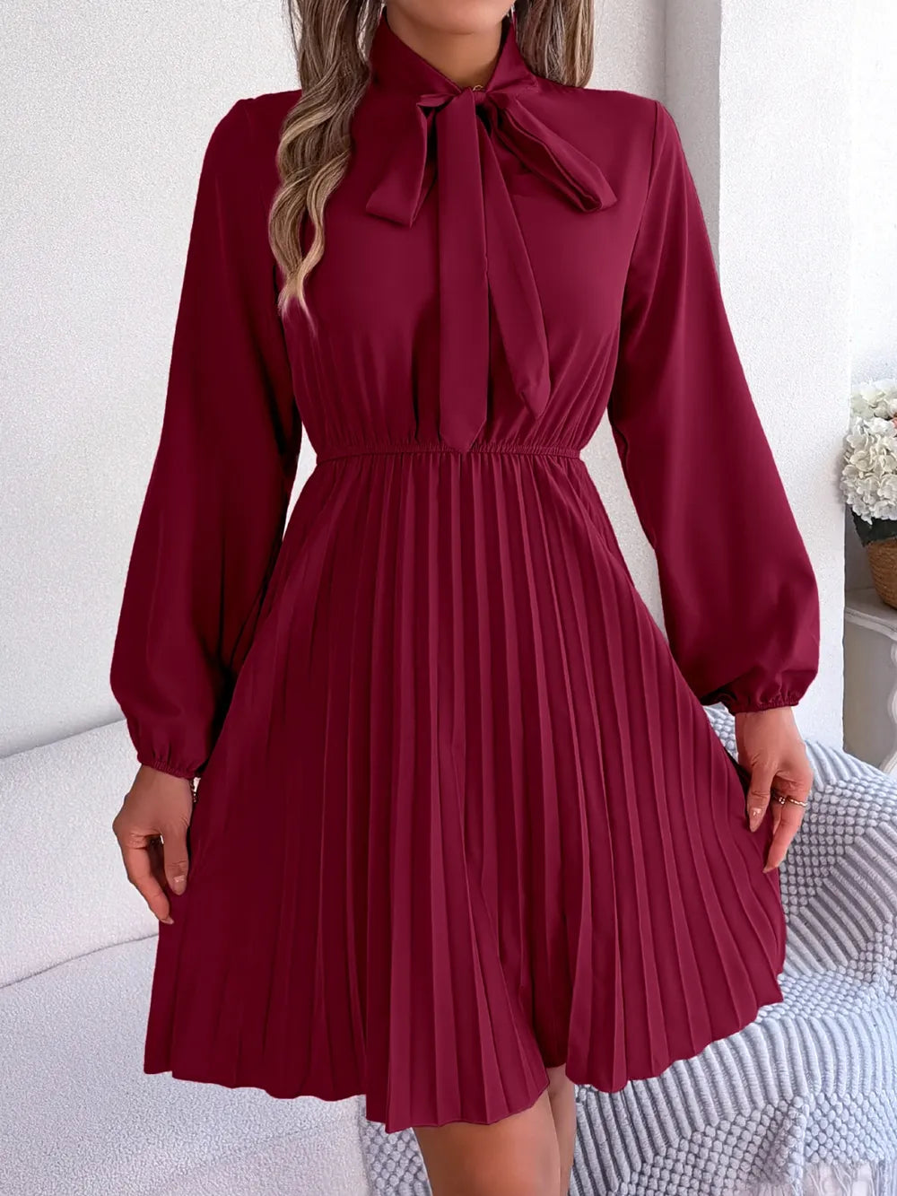 Spring and summer temperament tied waist long sleeved pleated skirt - Korvel