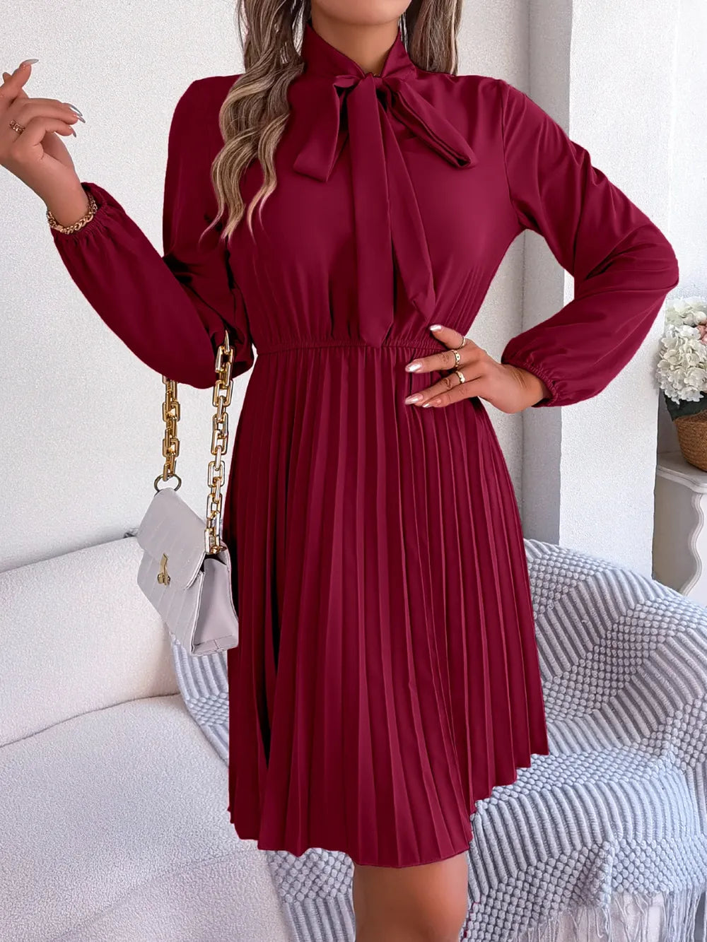 Spring and summer temperament tied waist long sleeved pleated skirt - Korvel