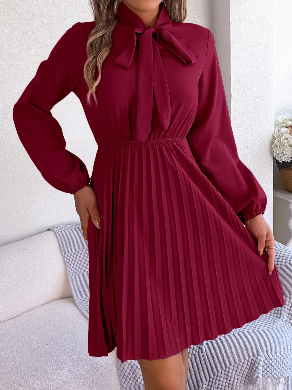 Spring and summer temperament tied waist long sleeved pleated skirt - Korvel
