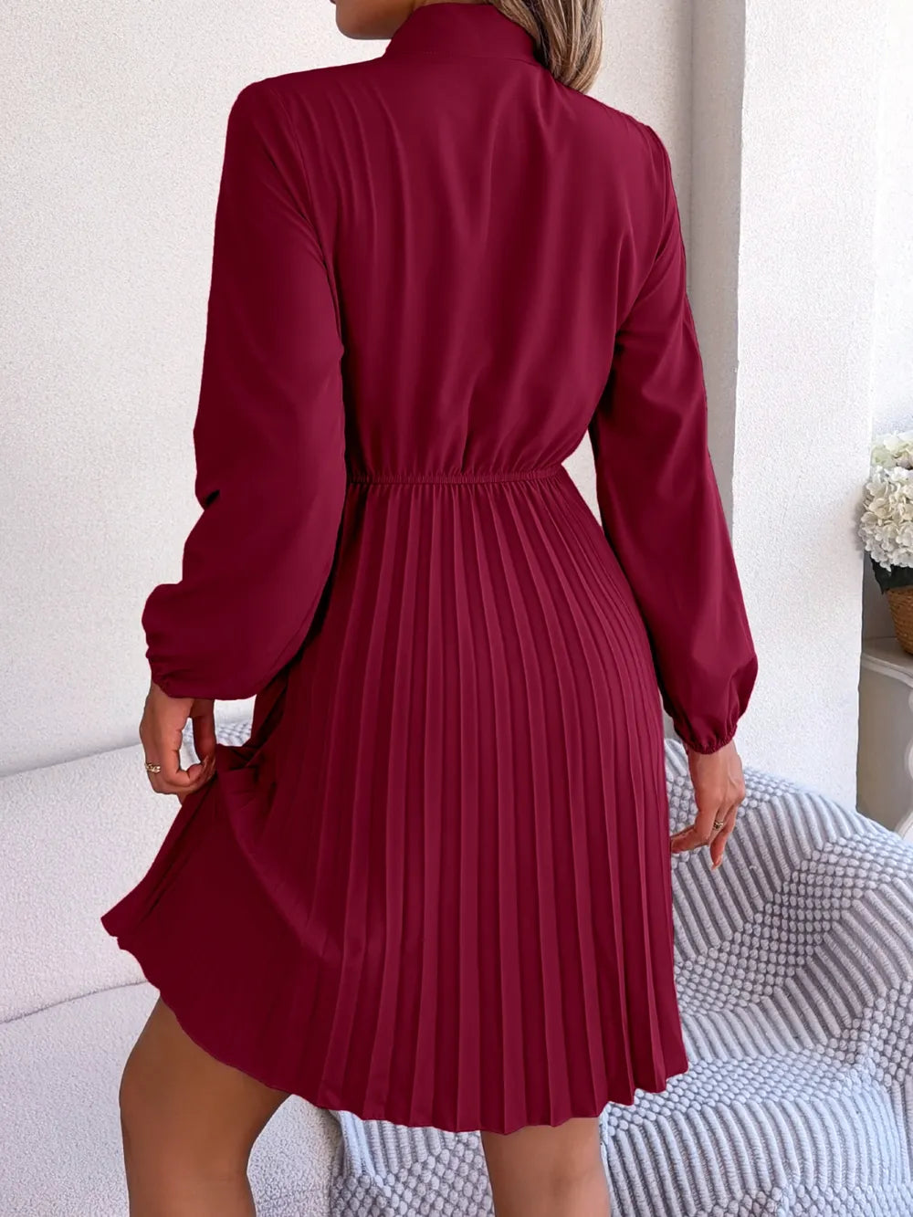 Spring and summer temperament tied waist long sleeved pleated skirt - Korvel