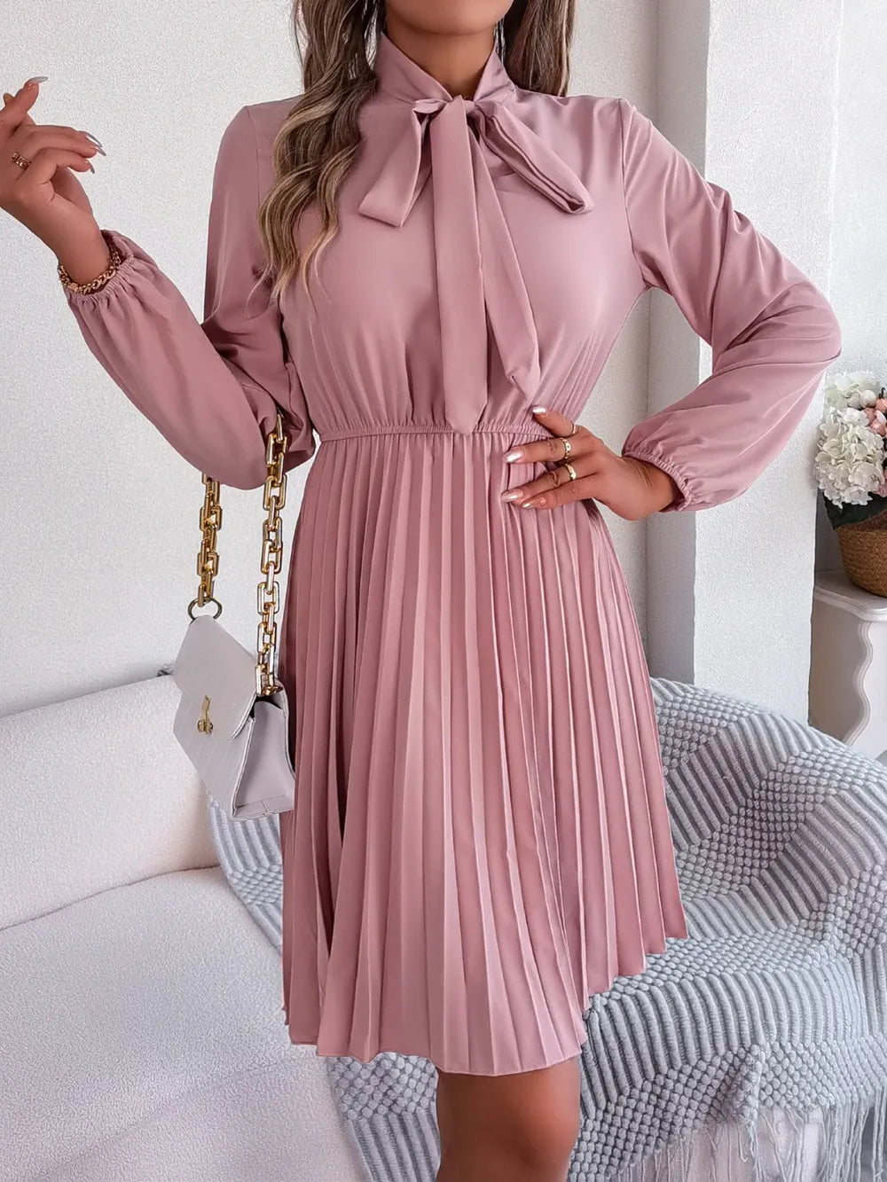 Spring and summer temperament tied waist long sleeved pleated skirt - Korvel