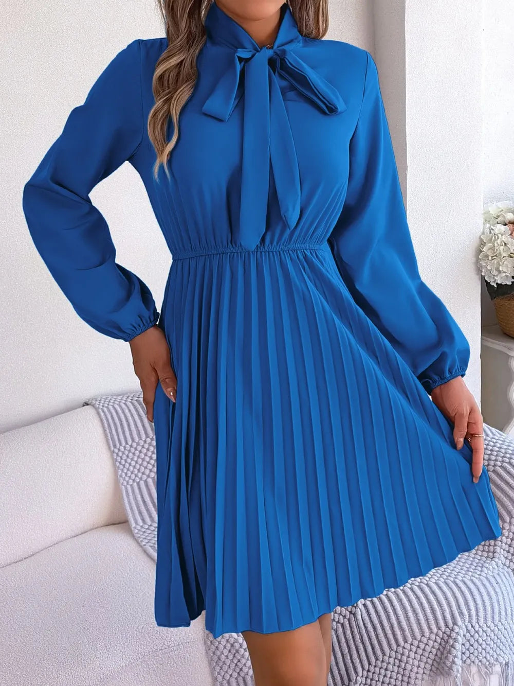 Spring and summer temperament tied waist long sleeved pleated skirt - Korvel