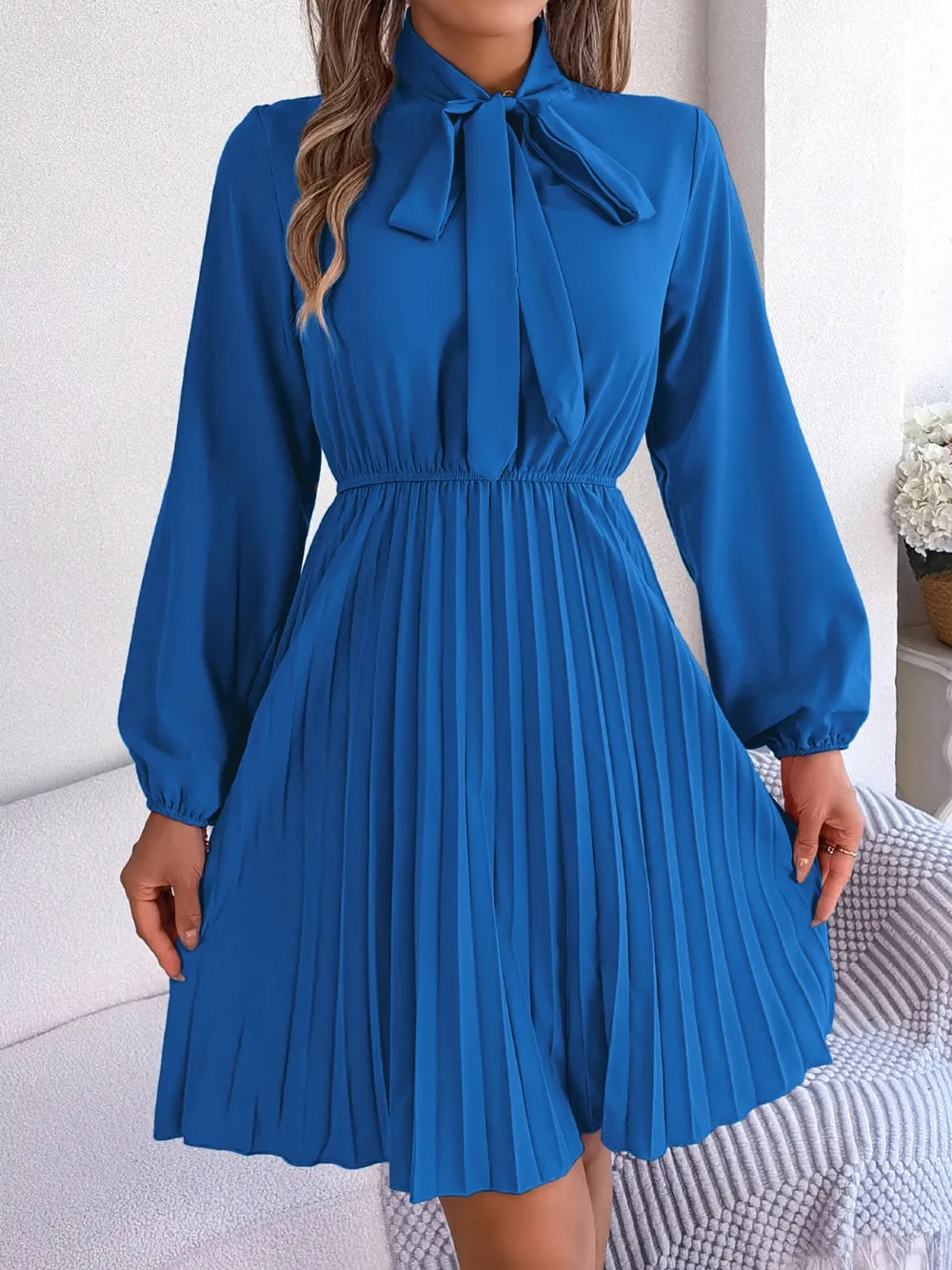 Spring and summer temperament tied waist long sleeved pleated skirt - Korvel