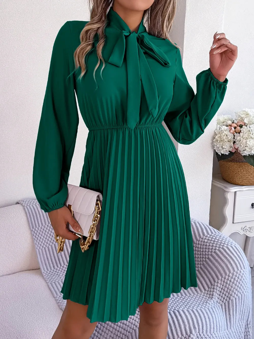 Spring and summer temperament tied waist long sleeved pleated skirt - Korvel