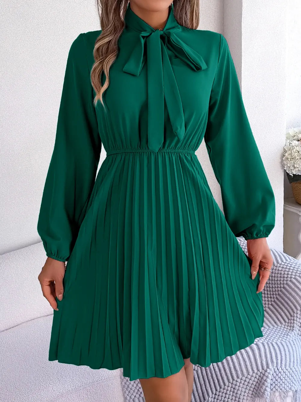 Spring and summer temperament tied waist long sleeved pleated skirt - Korvel