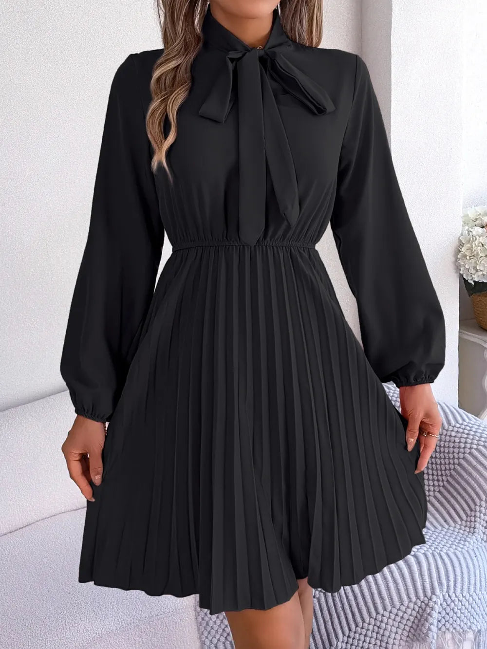 Spring and summer temperament tied waist long sleeved pleated skirt - Korvel