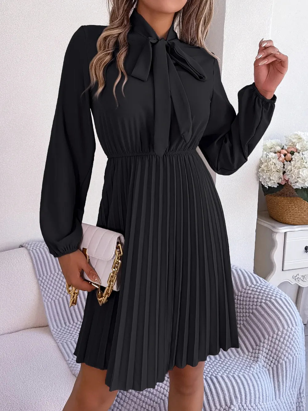Spring and summer temperament tied waist long sleeved pleated skirt - Korvel
