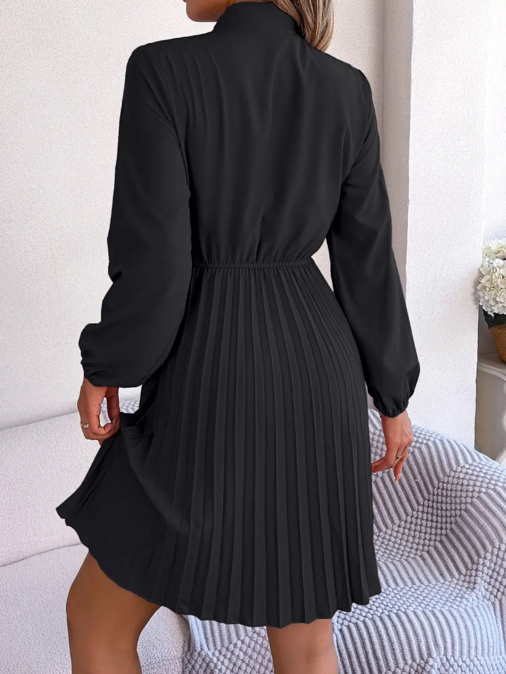 Spring and summer temperament tied waist long sleeved pleated skirt - Korvel
