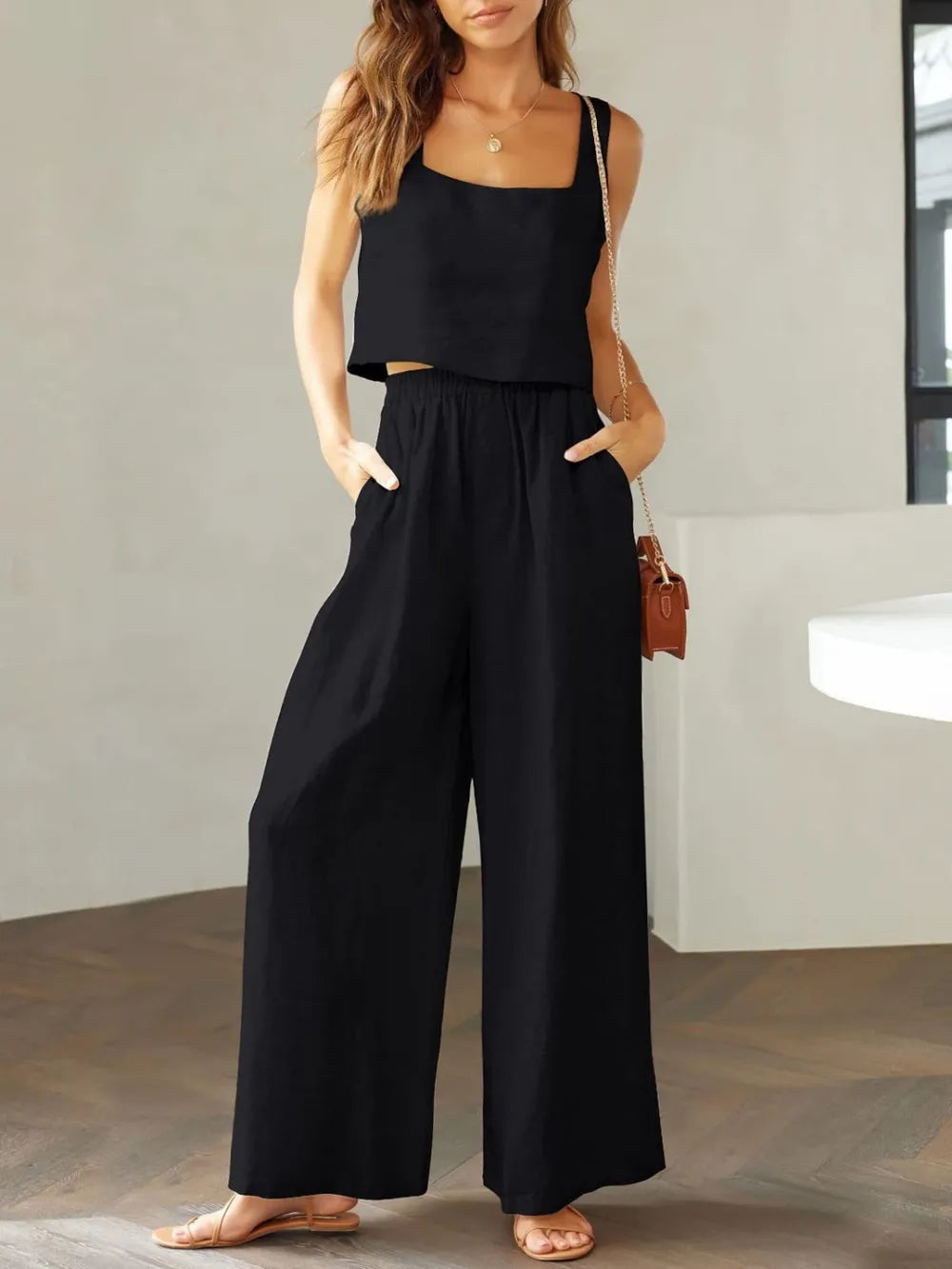 Elegant Square Neck Top and Wide Leg Pants Set
