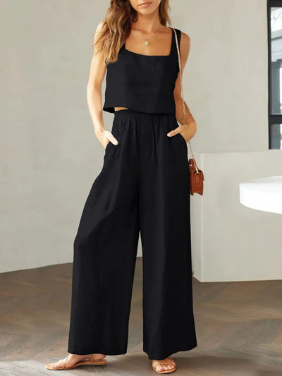 Elegant Square Neck Top and Wide Leg Pants Set