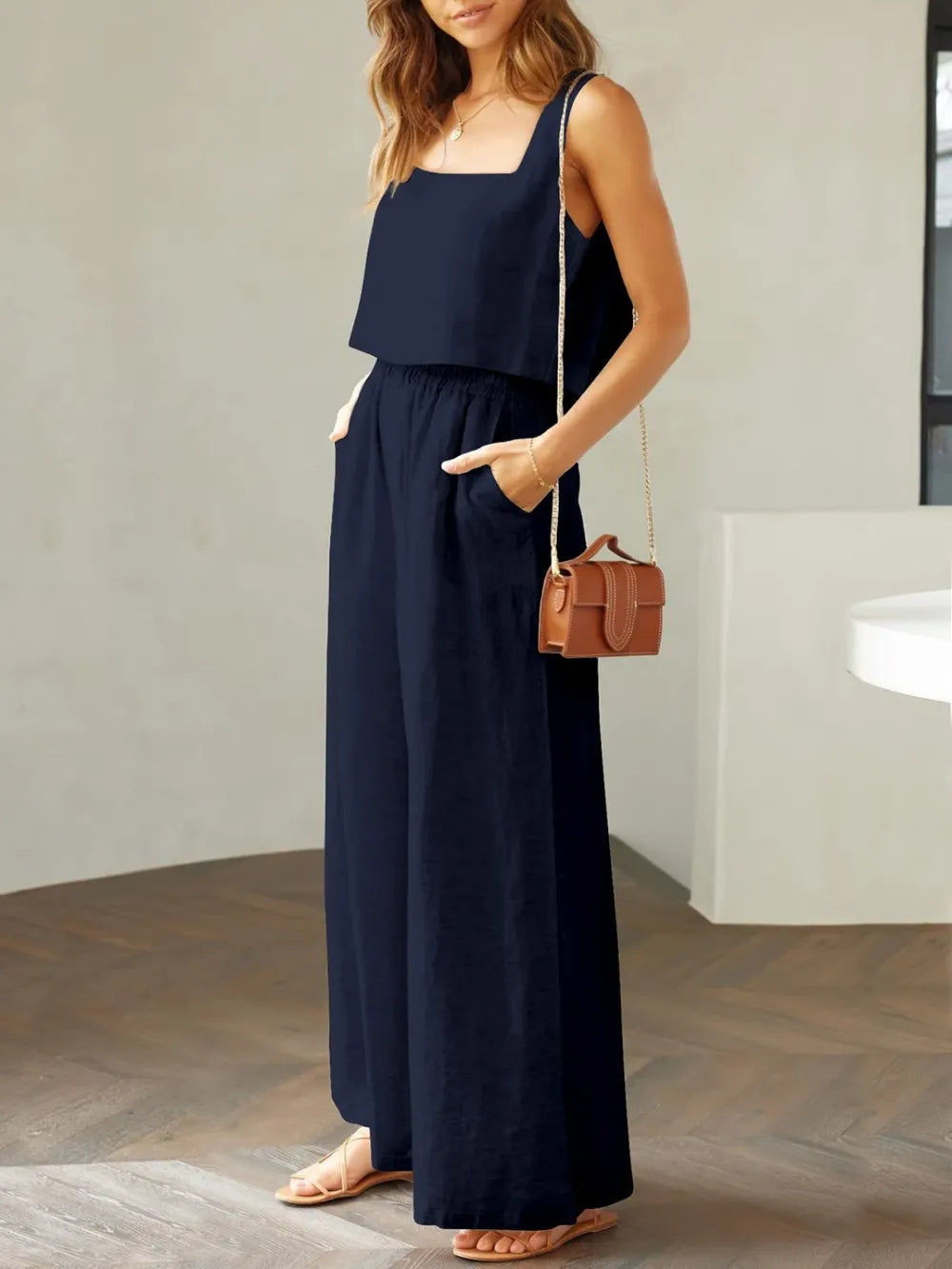 Elegant Square Neck Top and Wide Leg Pants Set