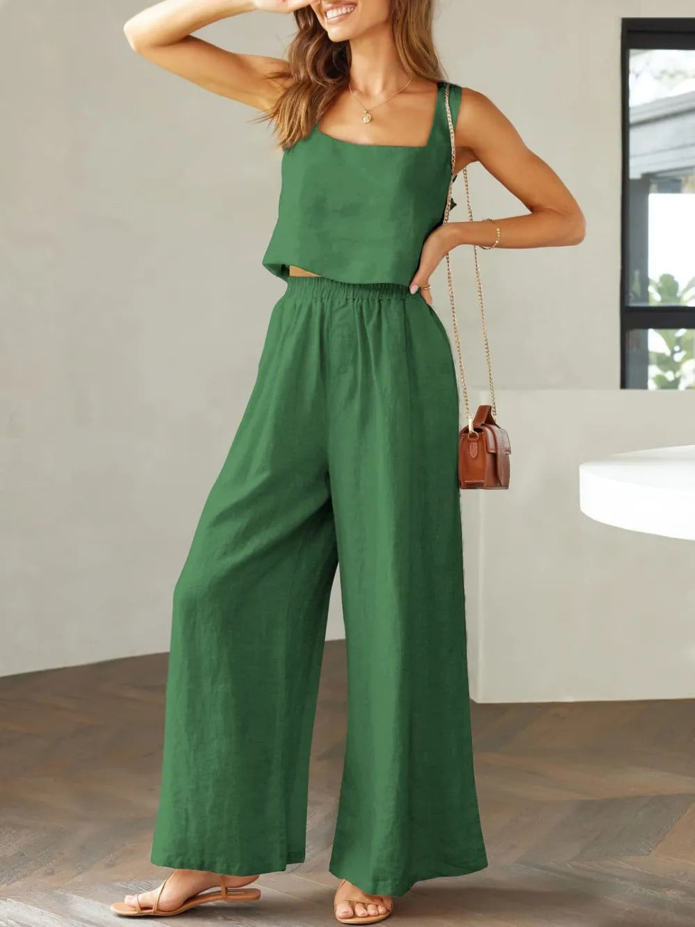 Elegant Square Neck Top and Wide Leg Pants Set