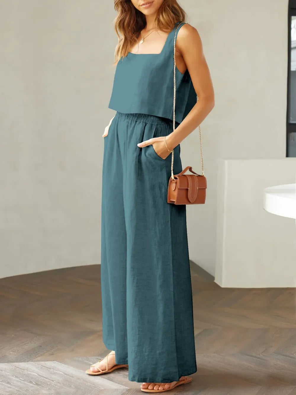 Elegant Square Neck Top and Wide Leg Pants Set