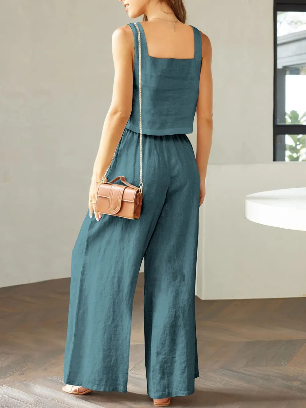 Elegant Square Neck Top and Wide Leg Pants Set