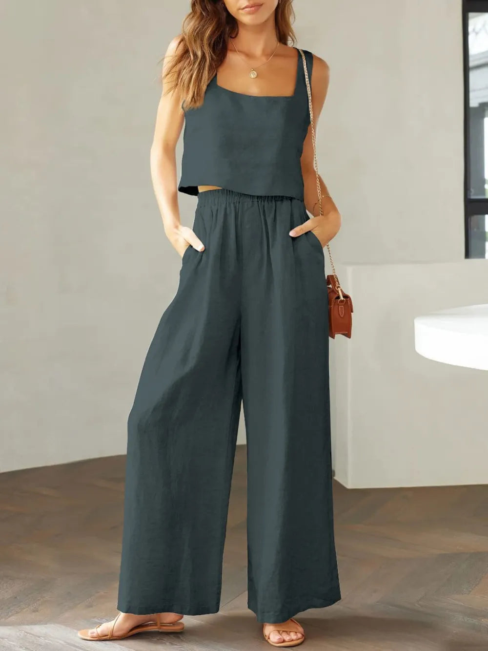 Elegant Square Neck Top and Wide Leg Pants Set