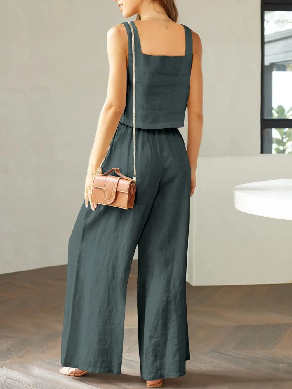 Elegant Square Neck Top and Wide Leg Pants Set