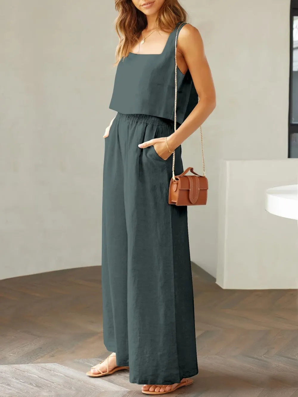 Elegant Square Neck Top and Wide Leg Pants Set