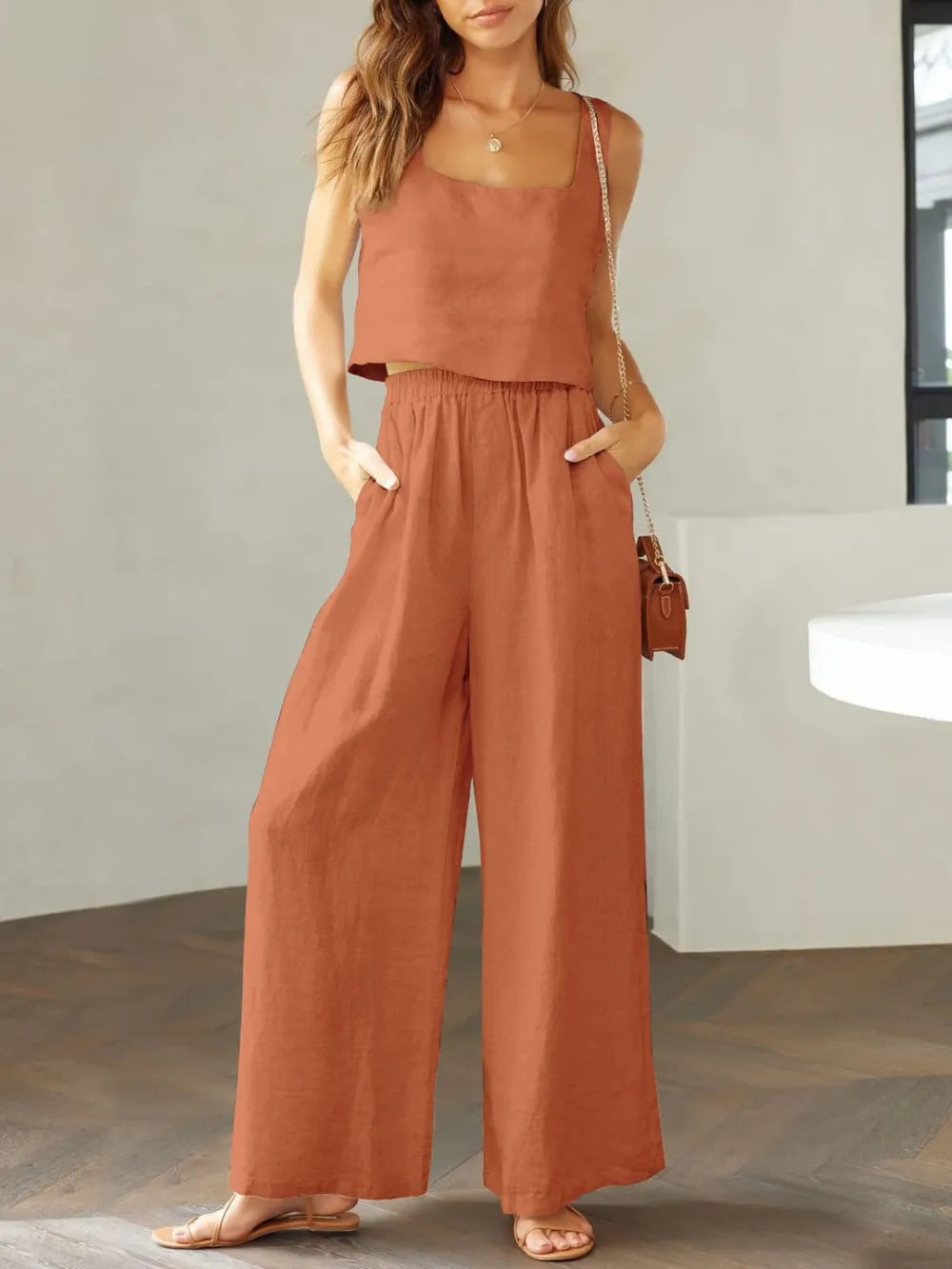 Elegant Square Neck Top and Wide Leg Pants Set