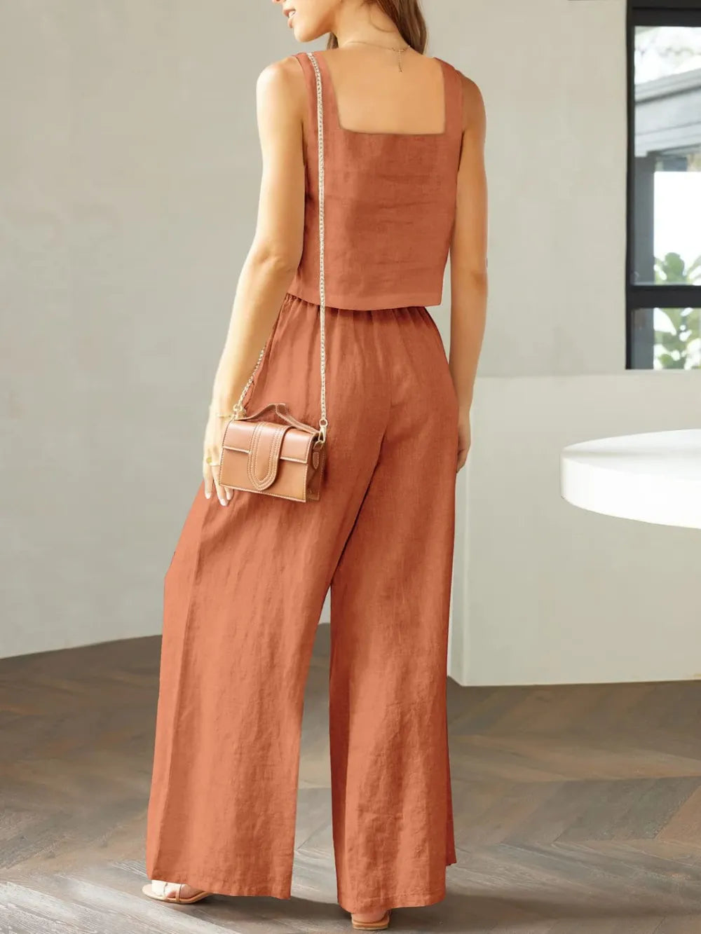 Elegant Square Neck Top and Wide Leg Pants Set