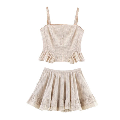Stacked decorative plaid top+skirt set for women - Korvel