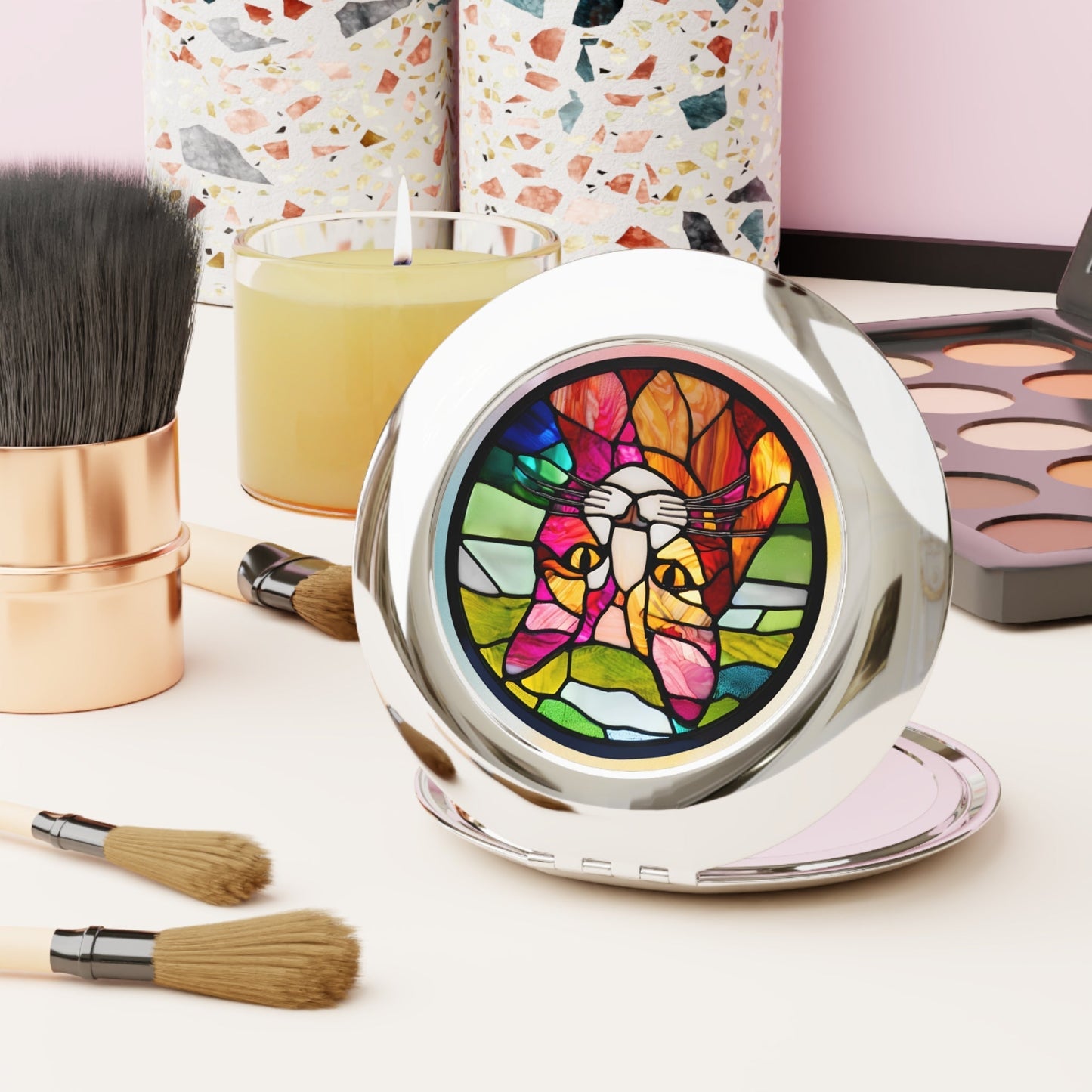 Stained Glass Cat Compact Travel Mirror for Pet Lovers