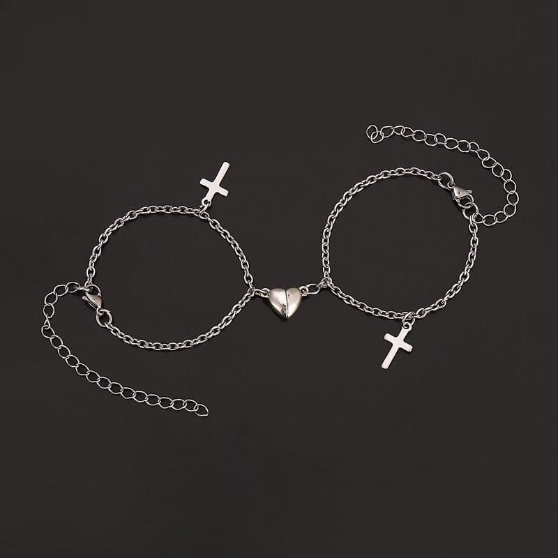Stainless Steel Heart Shaped Magnetic Attraction Bracelet Set