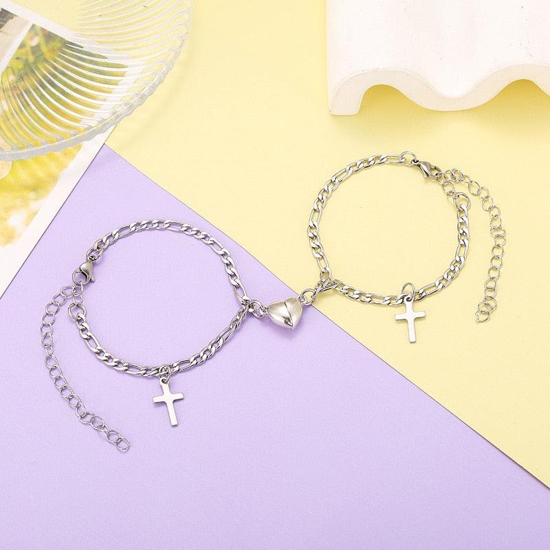 Stainless Steel Heart Shaped Magnetic Attraction Bracelet Set