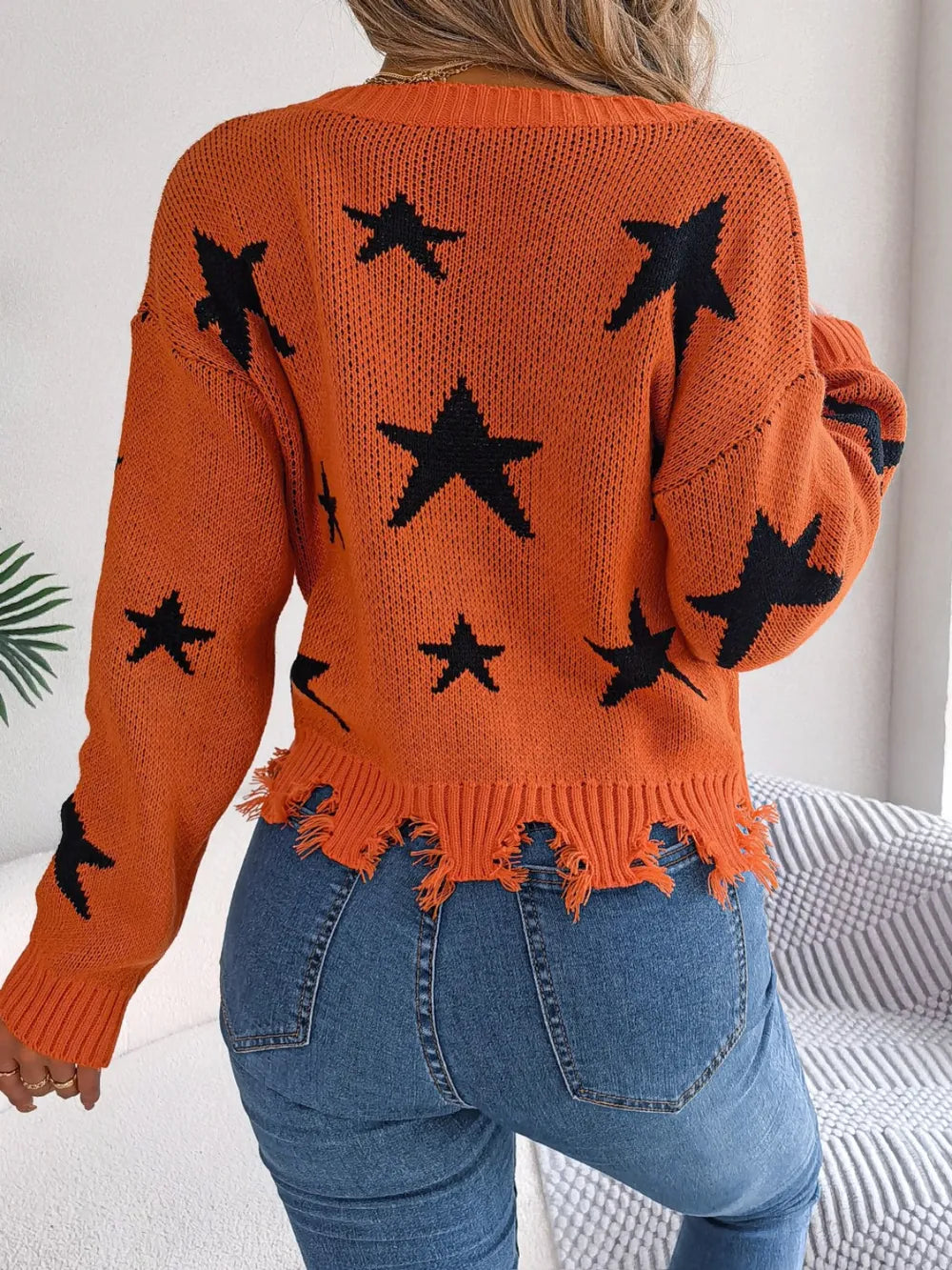Star Pattern Distressed V-Neck Cropped Sweater - Korvel