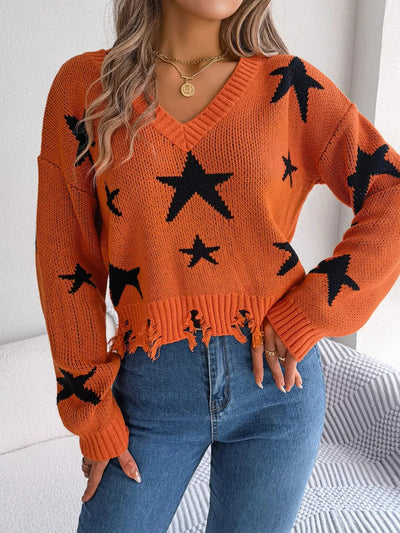 Star Pattern Distressed V-Neck Cropped Sweater - Korvel