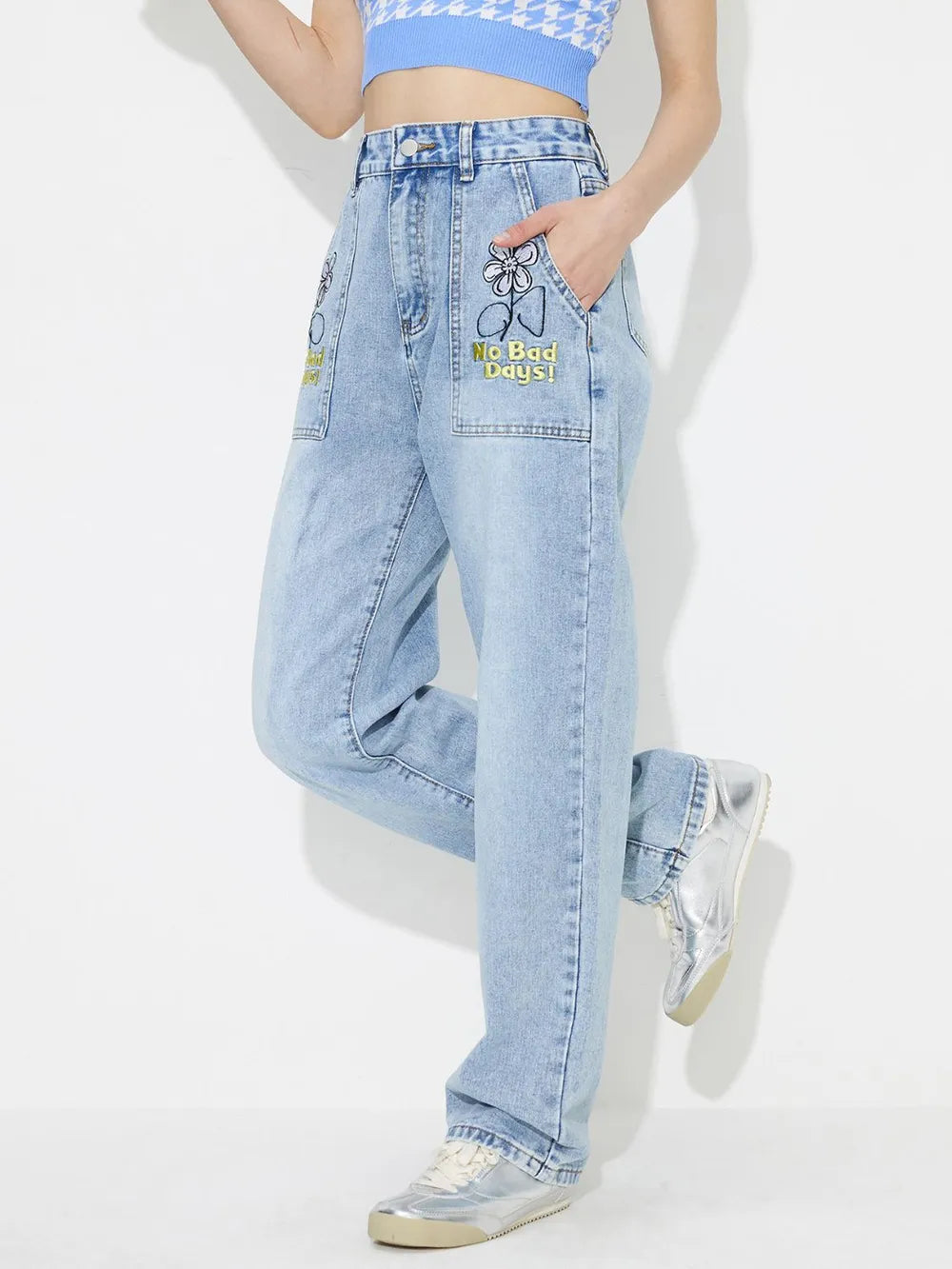 Straight embroidered loose high waisted denim pants - Korvel
