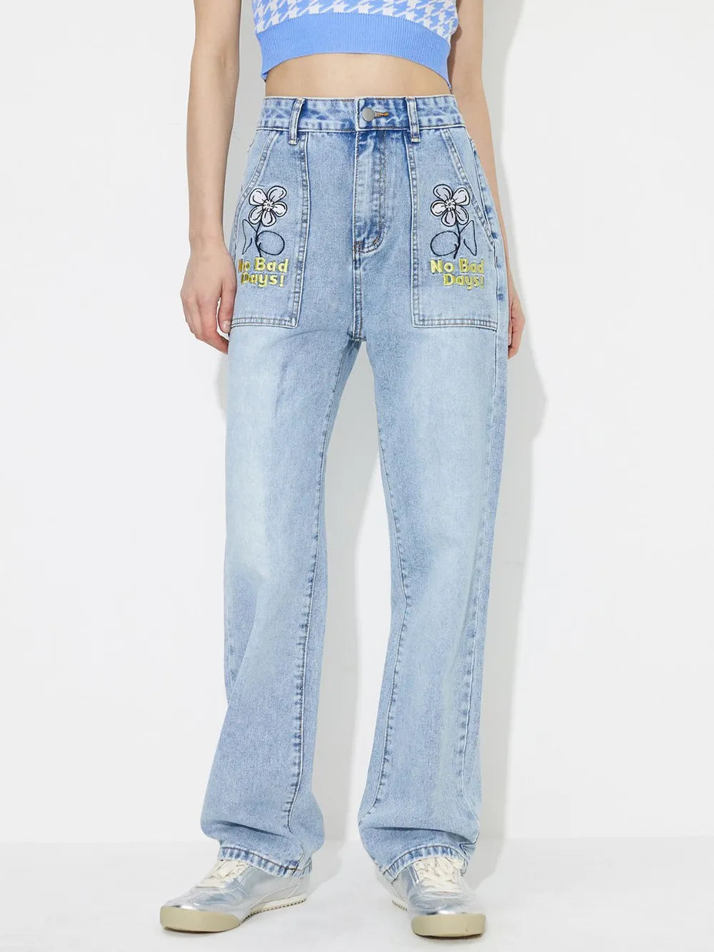 Straight embroidered loose high waisted denim pants - Korvel