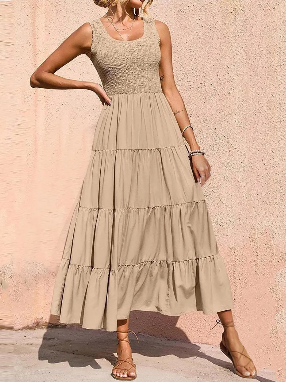 Strap top skirt with pleats and spliced A-line large swing dress - Korvel