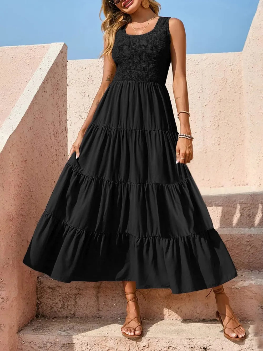 Strap top skirt with pleats and spliced A-line large swing dress - Korvel