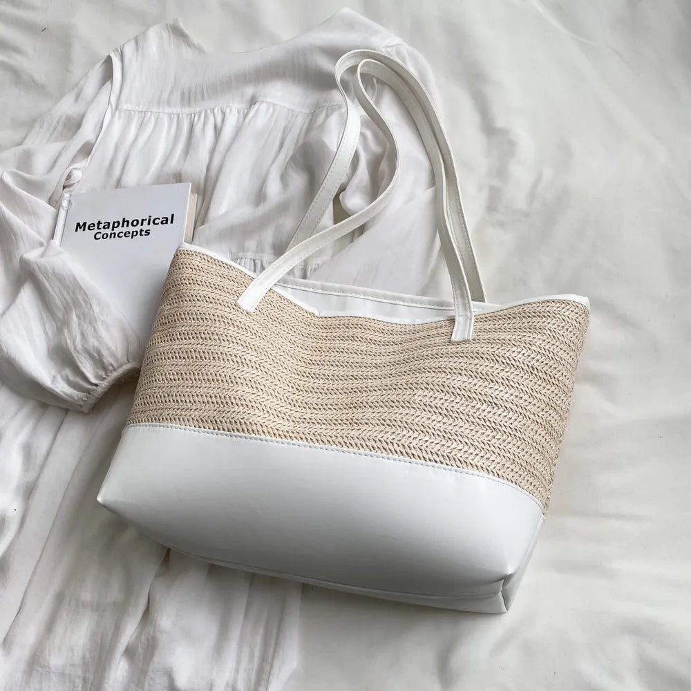 Straw Weave Leather Strap Tote Bag - Korvel