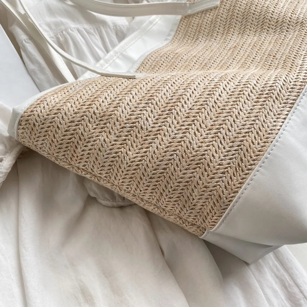 Straw Weave Leather Strap Tote Bag - Korvel