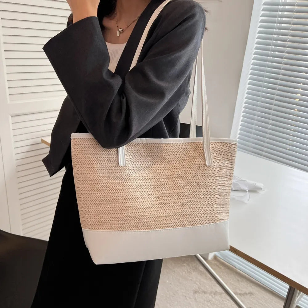 Straw Weave Leather Strap Tote Bag - Korvel