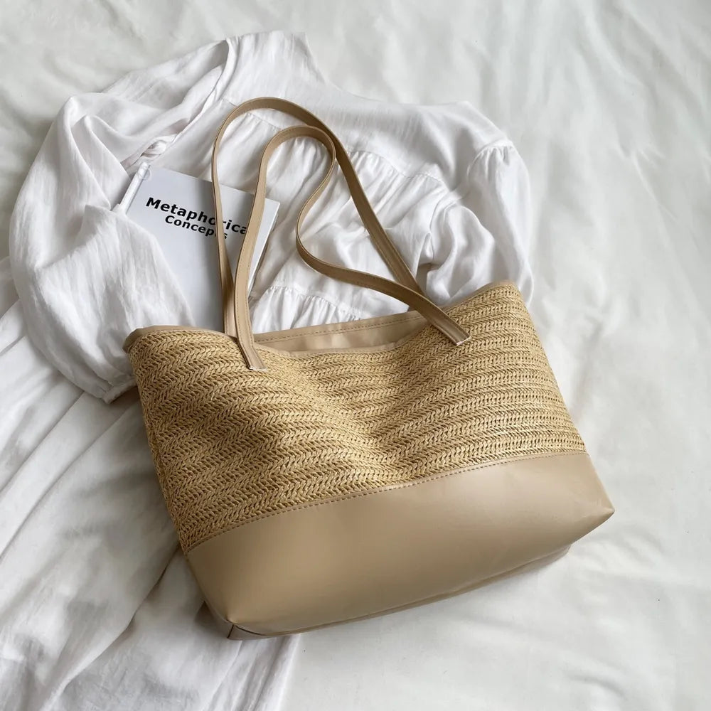 Straw Weave Leather Strap Tote Bag - Korvel