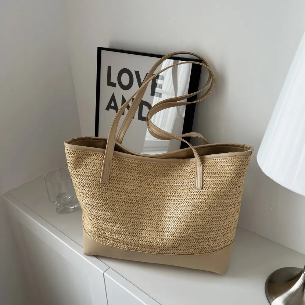 Straw Weave Leather Strap Tote Bag - Korvel