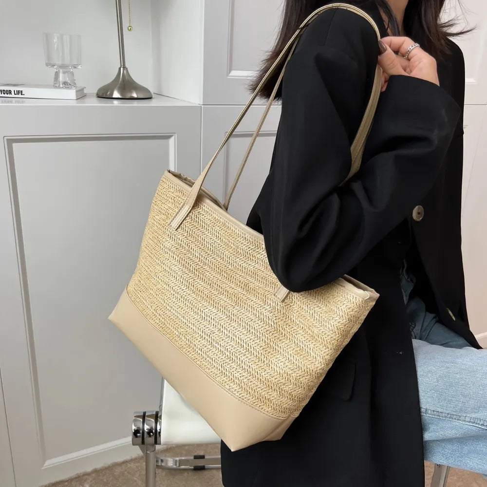 Straw Weave Leather Strap Tote Bag - Korvel