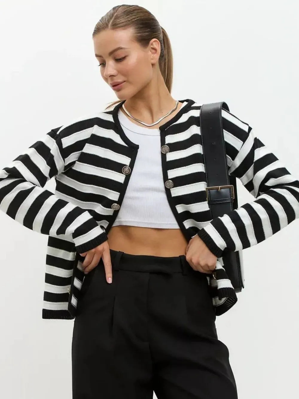 Striped Dropped Shoulder Long Sleeve Cardigan - Korvel