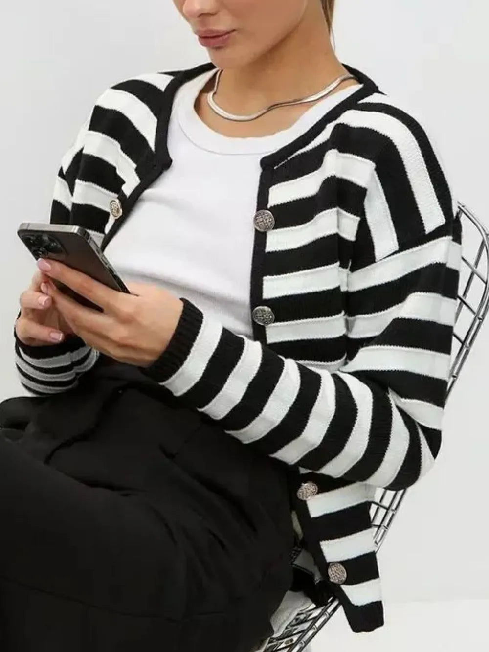 Striped Dropped Shoulder Long Sleeve Cardigan - Korvel