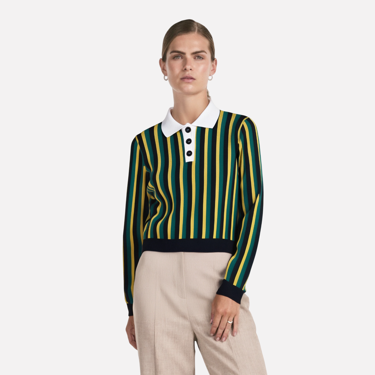 Striped lapel long sleeved casual knit sweater - Korvel