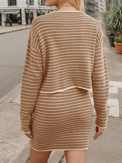 Elegant Striped Long Sleeve Top and Skirt Set
