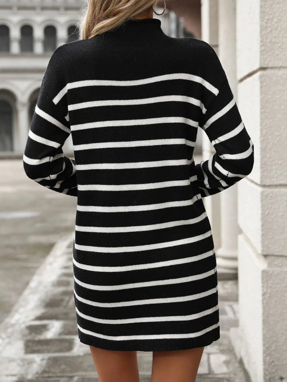 Striped Mock Neck Long Sleeve Mini Dress - Korvel